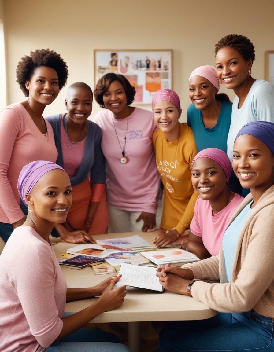 A warm and inviting scene depicting a diverse group of cancer warriors, confidently engaging in a supportive community setting. Include elements of oncology education like books, tablets, and motivational posters in the background, surrounded by soft natural light to evoke hope and resilience. Show a blend of genders, races, and ages, symbolizing unity and empowerment in the fight against cancer. super-realistic. vibrant colors. warm tones.