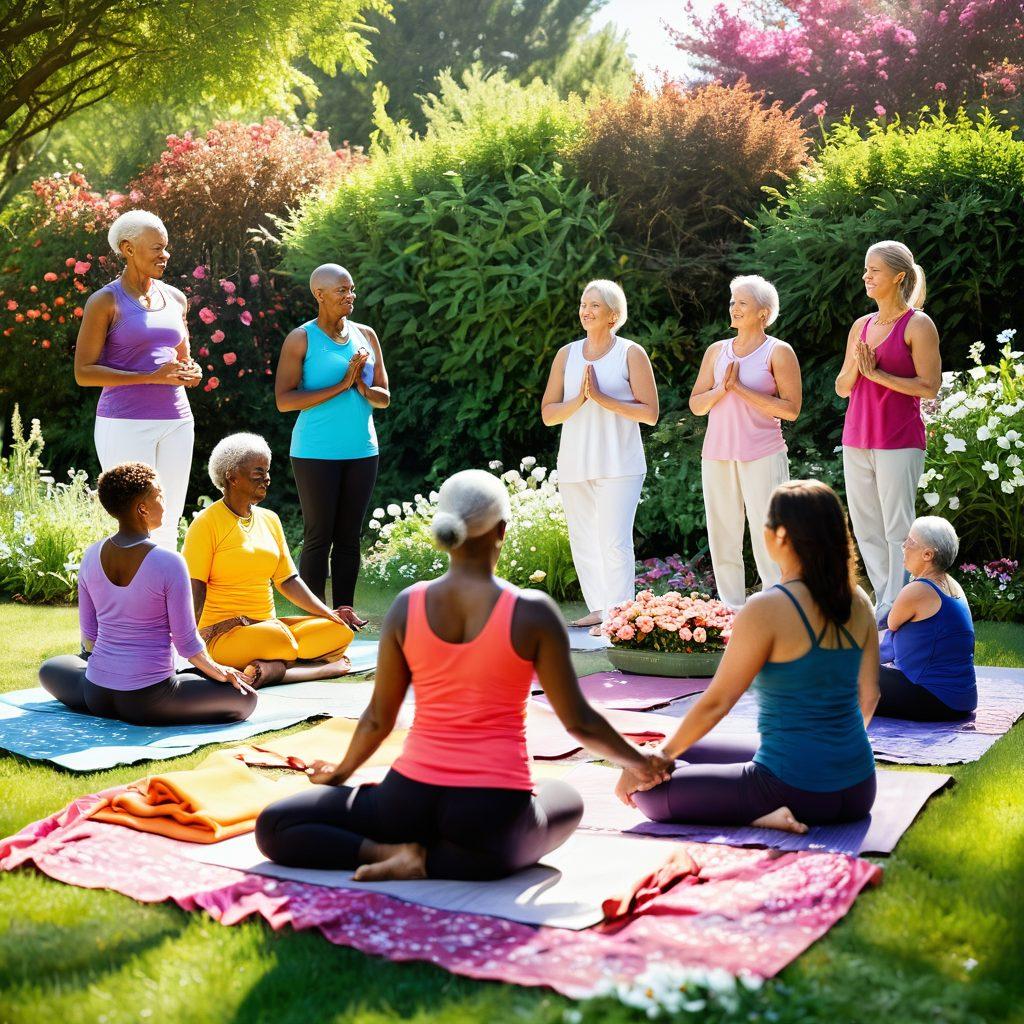 An uplifting scene depicting a diverse group of cancer survivors sharing their stories in a bright, sunlit garden, surrounded by blooming flowers symbolizing hope. Include elements like supportive hands, wellness tools (like yoga mats and healthy foods), and an inspiring quote in the background. The atmosphere should be warm and encouraging, conveying a sense of community and resilience. vibrant colors. soft focus.