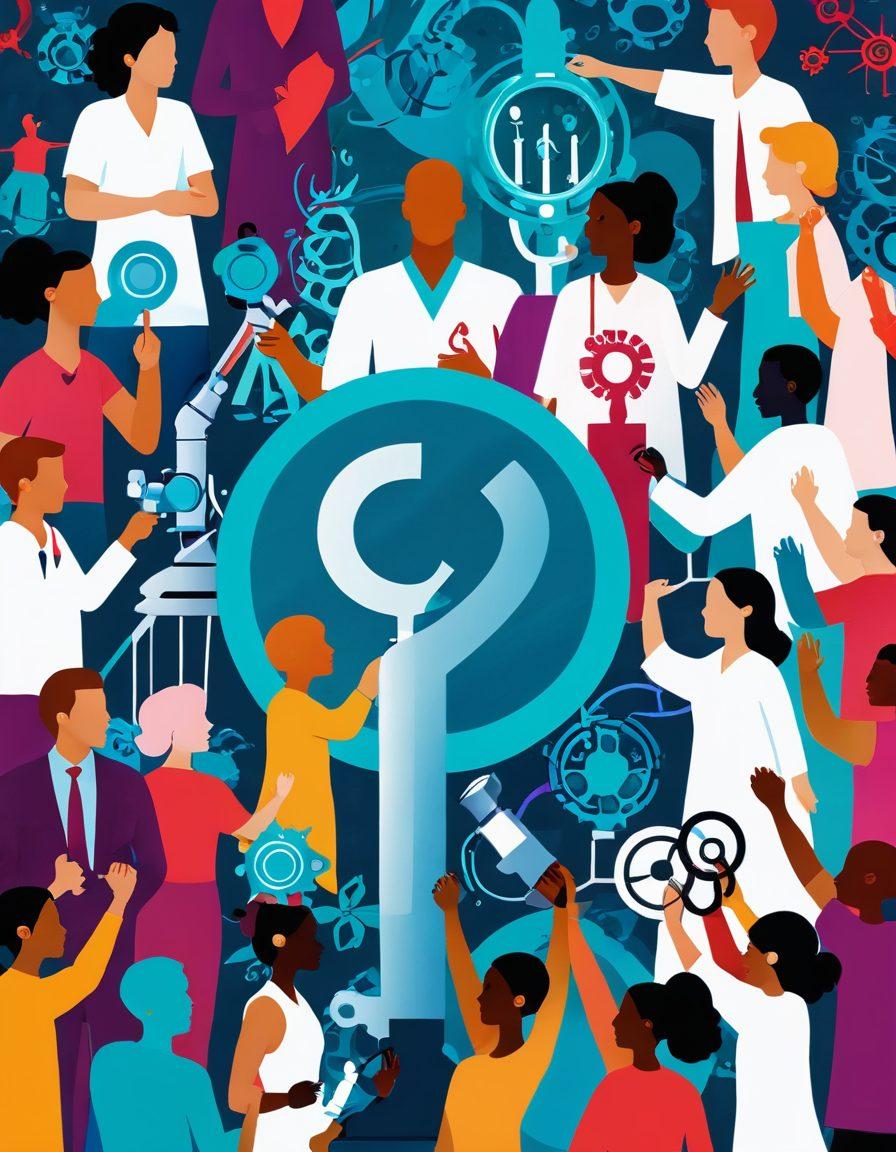 A powerful illustration depicting a diverse group of individuals coming together, united in the fight against cancer. Imagery should include research symbols, like microscopes and lab equipment, combined with passionate advocates holding banners, and a community setting with people supporting each other. The background should illustrate a blend of hope and determination, with vibrant colors symbolizing strength and resilience. super-realistic. vibrant colors. community theme.